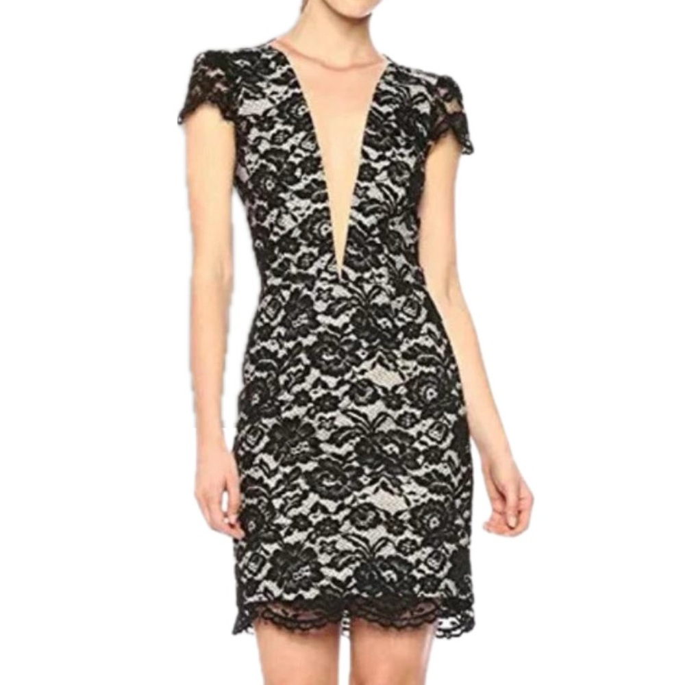 Dress the Population Cecelia Black Lace Plunging V Neck Sheath Mini Dress NEW XL